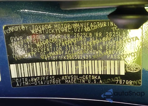 2016 Toyota Camry Se из США, поврежденный, VIN 4T1BF1FK2GU582431